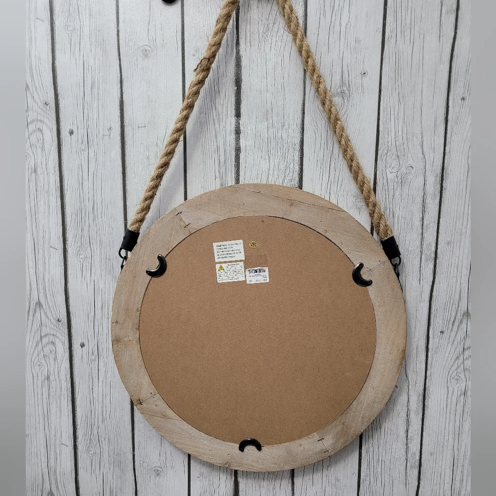 Decorative Rustic Mirror with Solid Wood Frame & Rope Hanging
